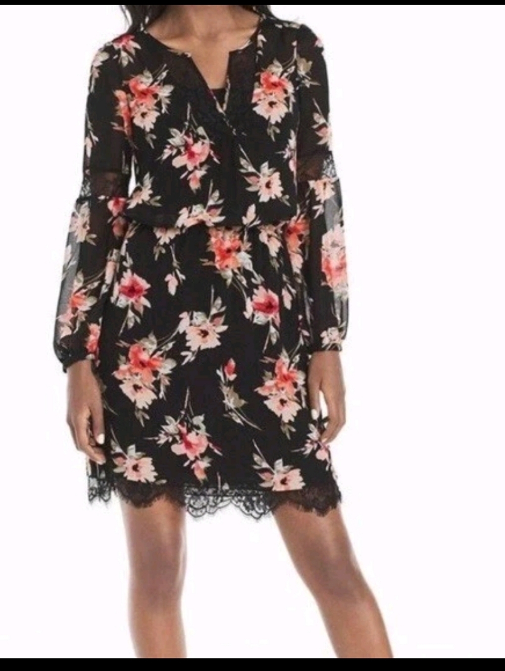 WHBM Whimsigoth Dark Academia Semi Sheer Black Floral Lace Trim Dress Sz 6